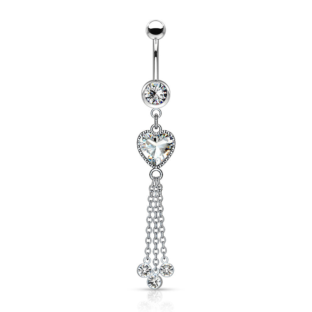 Heart CZ and Chains with CZ Dangle Surgical Steel Belly Button Navel Rings